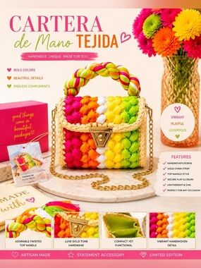 Cartera de Mano Tejida Colorful Crochet Handbag with Gold Chain